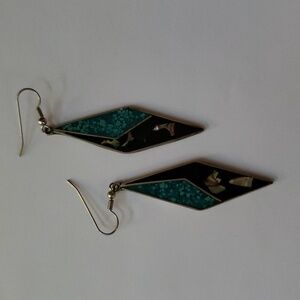 Signed Alpaca Mexico Stone & Abalone Inlay Drop Earrings Turquoise / Black